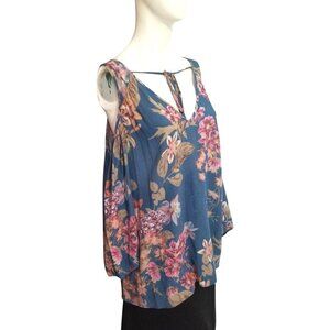 Staccato Floral Boho Blouse Sz Medium Shoulderless Dusty Blue Romantic